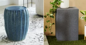 best garden stools - A blue decorative garden stool, and a square gray one which is maybe the best garden stool