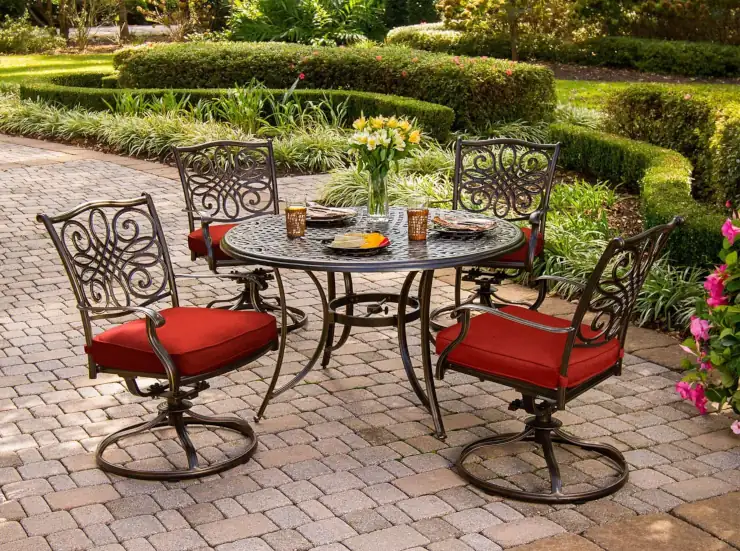 best cast aluminum outdoor furniture with cushions - Hanover Traditions 5-Piece Dining Set 4 Swivel Rockers with Red Cushions and round table featured