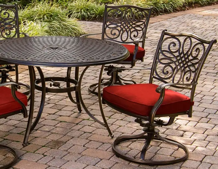 best cast aluminum outdoor furniture with cushions - Hanover Traditions 5-Piece Dining Set 4 Swivel Rockers with Red Cushions and round table