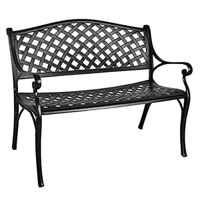 MAGIC UNION Outdoor Garden Bench Cast Aluminum Patio Bench with Armrests, Black Metal Porch Loveseat Chair for Outdoors… - black cast aluminum benches - B09TSZN161