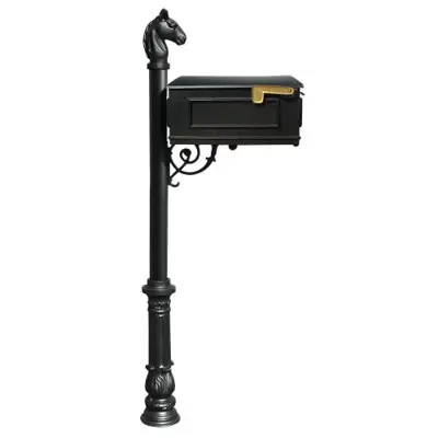 Qualarc Lewiston Cast Aluminum Post Mount Mailbox System with Post, Aluminum Mailbox, Ornate Base and Horsehead Finial, Black, Ships in 2 boxes - black cast aluminum mailboxes - B00GTUDQ7E