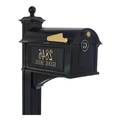 Whitehall Custom Extra Large Mailbox - Balmoral Model with Address Plaques, Monogram and Side Mount Post Package, Sand Cast Aluminum, Black Personalized in Goldtone - black cast aluminum mailboxes - B0B4BJFJRT