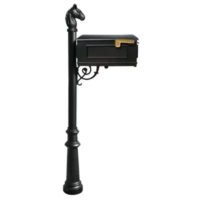 Qualarc Lewiston Cast Aluminum Post Mount Mailbox System with Post, Aluminum Mailbox, Fluted Base and Horsehead Finial, Black, Ships in 2 boxes - cast aluminum mailbox posts - B00GTUDT4O