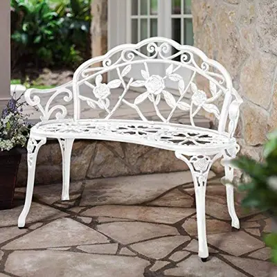 HOMEFUN Patio Outdoor Bench, White Cast-Aluminum Garden Benches Metal Loveseat Outdoor Furniture for Park Lawn Front… - white cast aluminum bench - B08SQGQ1QN