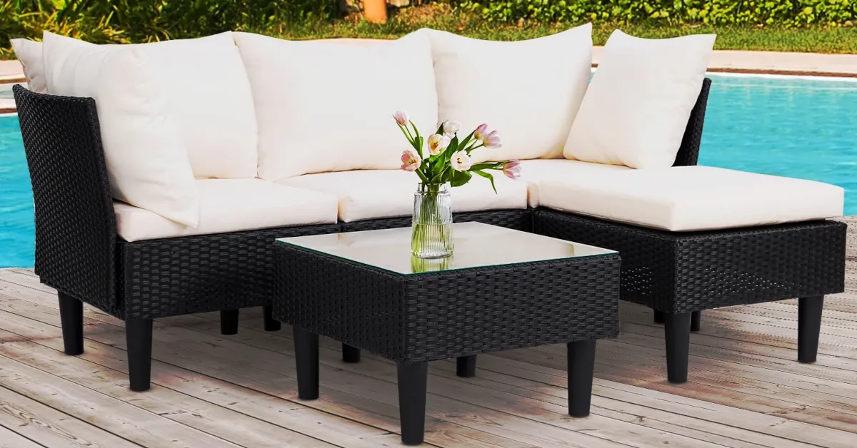 What makes Outdoor Wicker Conversation Sets so Special - featured 4-seater 5 piece wicker chat set near a pool