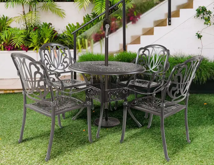 5-Piece Patio Furniture Set for 4, Outdoor All-Weather Cast Aluminum Dining Set, 4 Chairs and 35 Round Table with Umbrella cast aluminum patio furniture pricelist